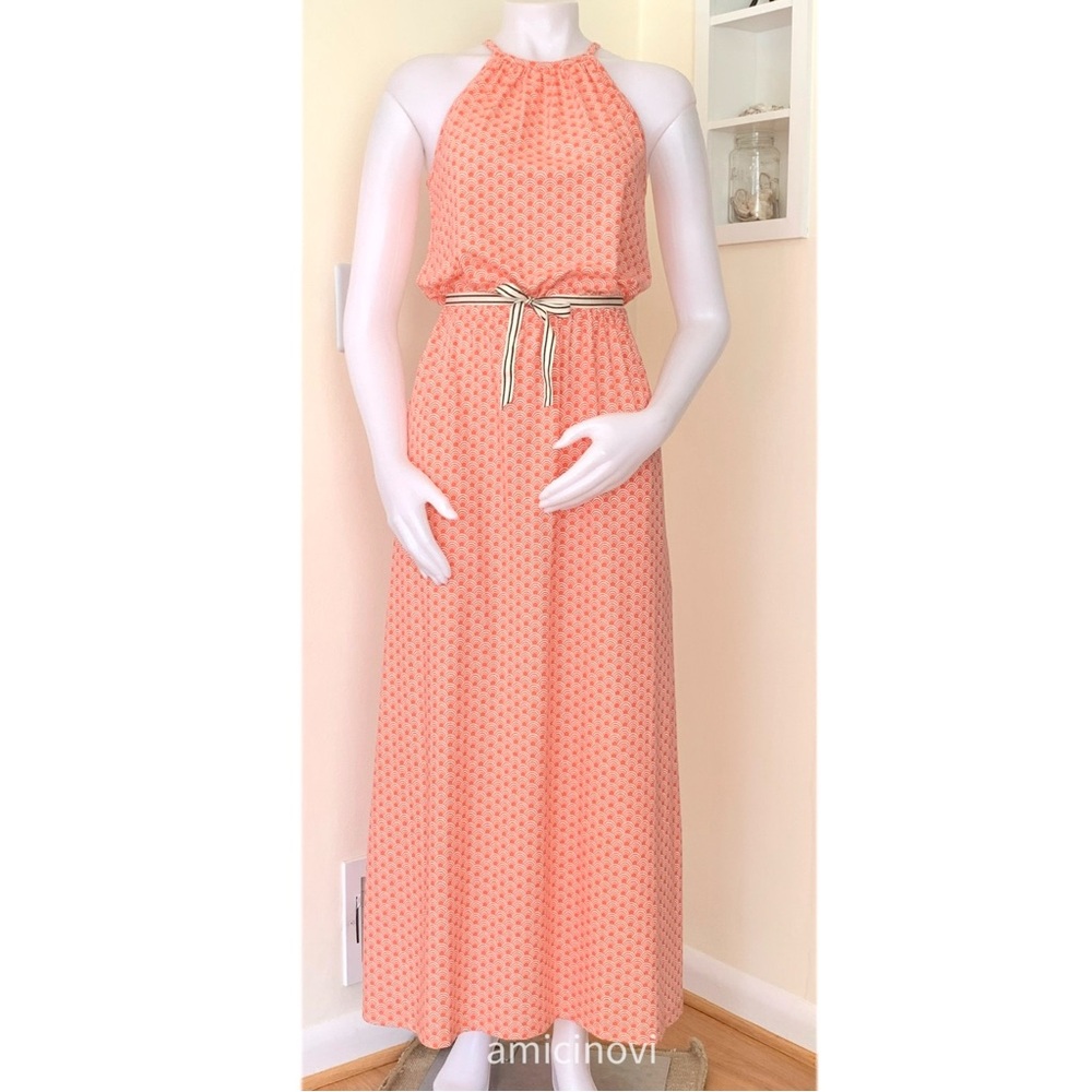 boho chic coral pink orange and white wave print long dress by Synergy Organic